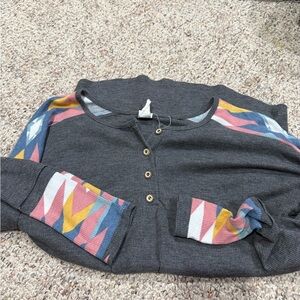 Gray Henley Top with Colorful Sleeves